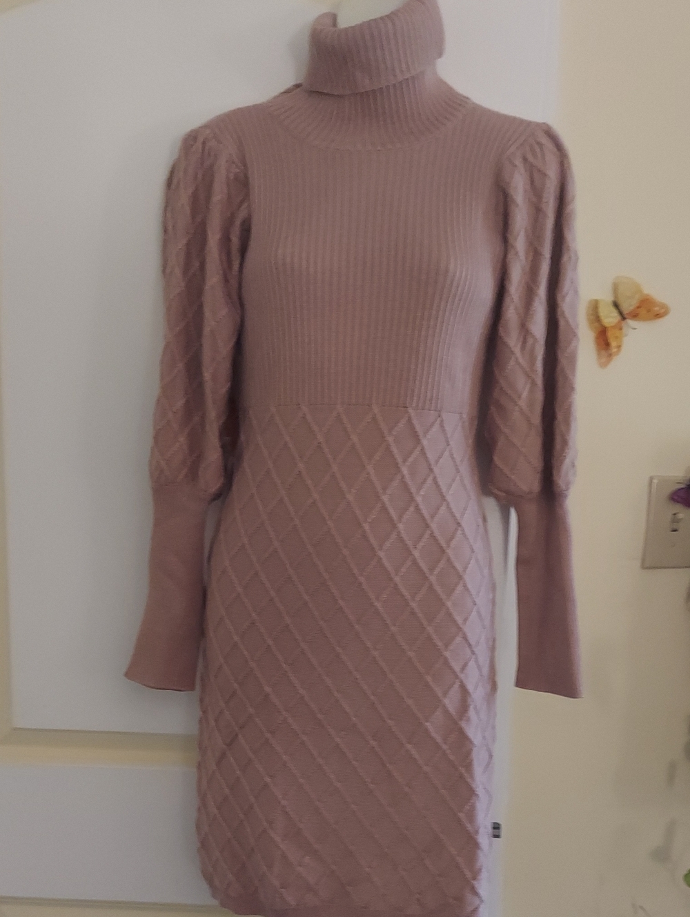 Turtleneck Knit Diamond-Pattern Midi Dress - Mauve